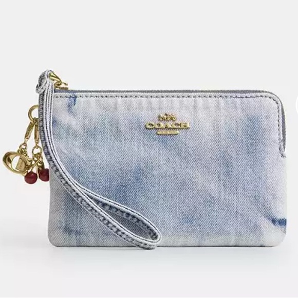 NWT🍒Coach Corner Zip Wristlet In Loved Light Indigo Denim With Cherry Charms - Picture 4 of 4